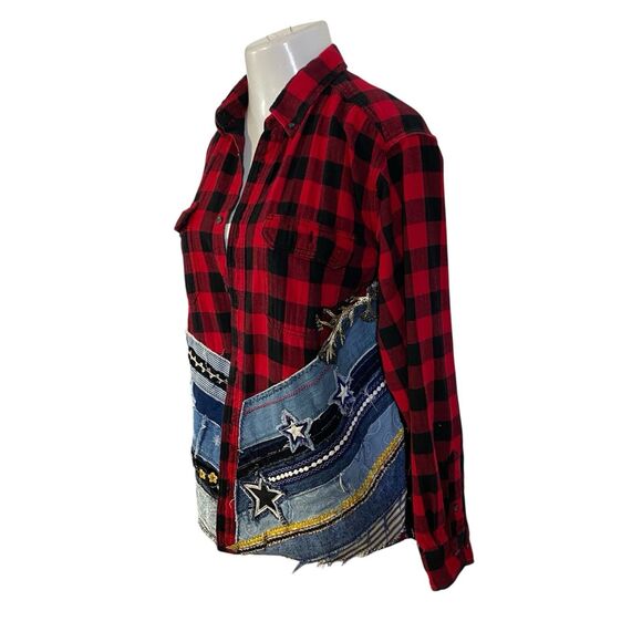 Upcycled Flannel Shirt Shacket Womens XL Jacket Coffee Grunge Patchwork Folk Art - Picture 8 of 16